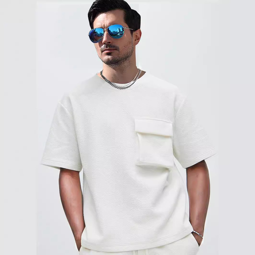 Men's Patch Pocket Champray Crew Neck Casual Loose 5-point Sleeve Top