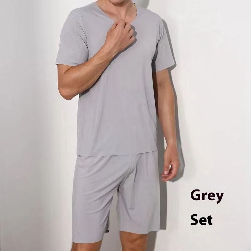 Advanced Ice Silk Round Neck Solid Color Short Sleeve Shorts Suit