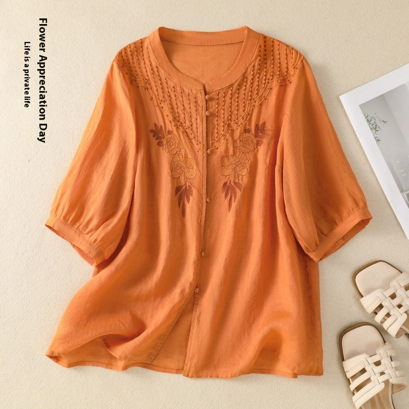 Artistic Retro Embroidery Five-quarter Sleeve Stand Collar Shirt For Women