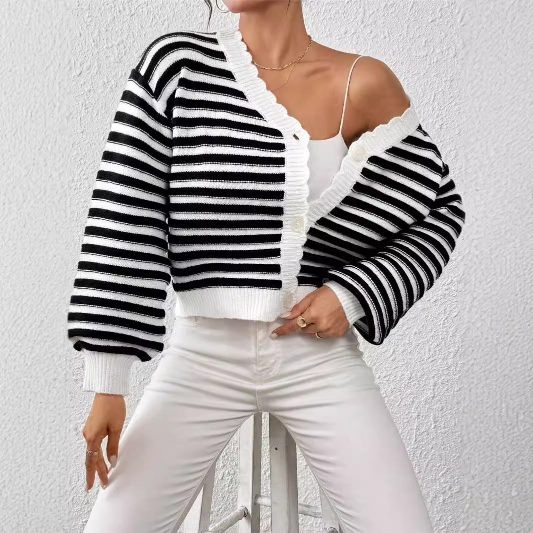 Knitted Cardigan Colorblock Sweater Coat Women's Rainbow Striped Lantern Sleeve