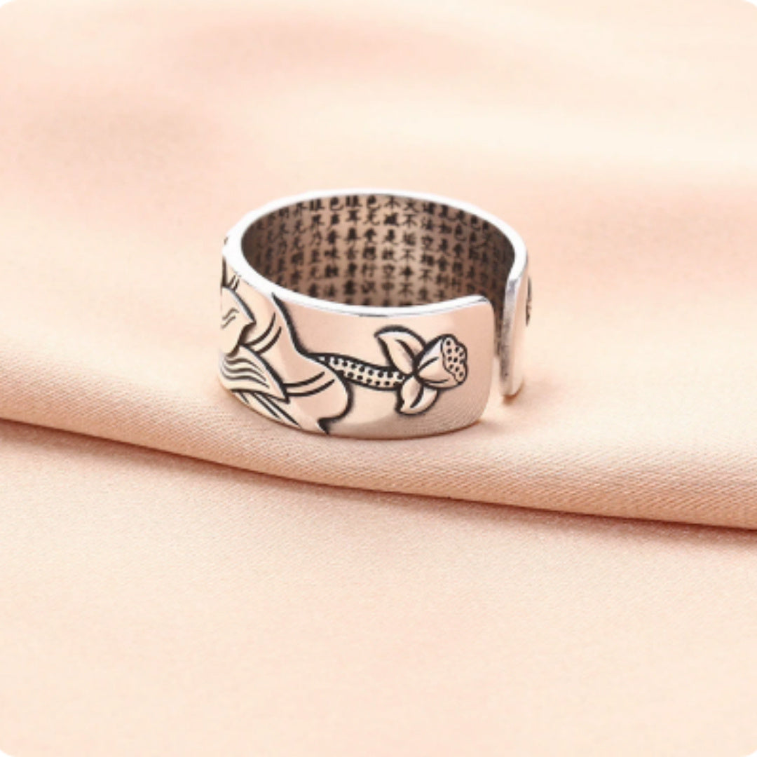 Lotus Hannya Shingyo S999 Sterling Silver Ring Antique Style