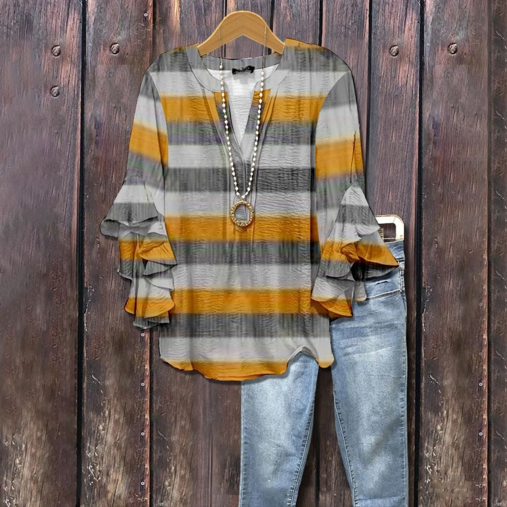 New Printed European And American Leisure Collar Lotus Edge Loose Women's Wear T-Shirt