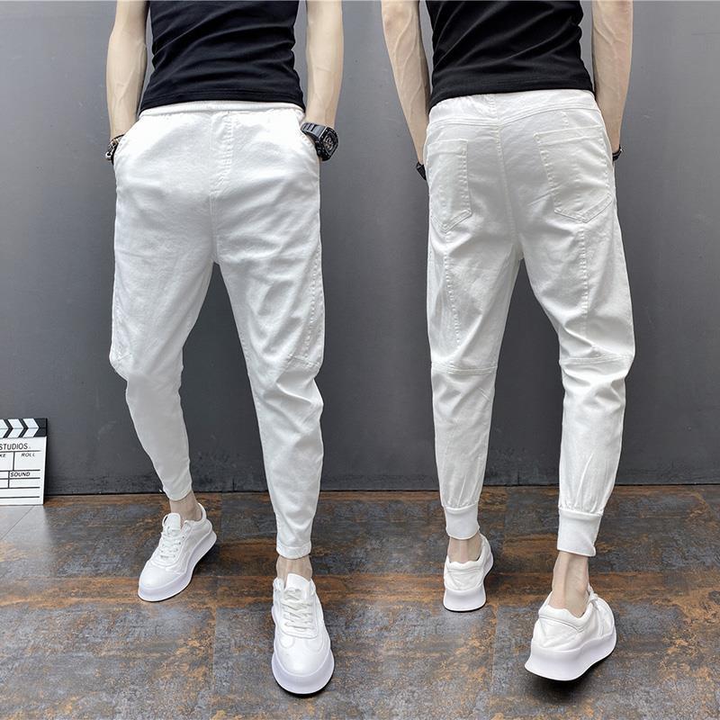 Slim-fitting Ankle Length Trousers Solid Color Elastic Ankle-tied Harem Pants