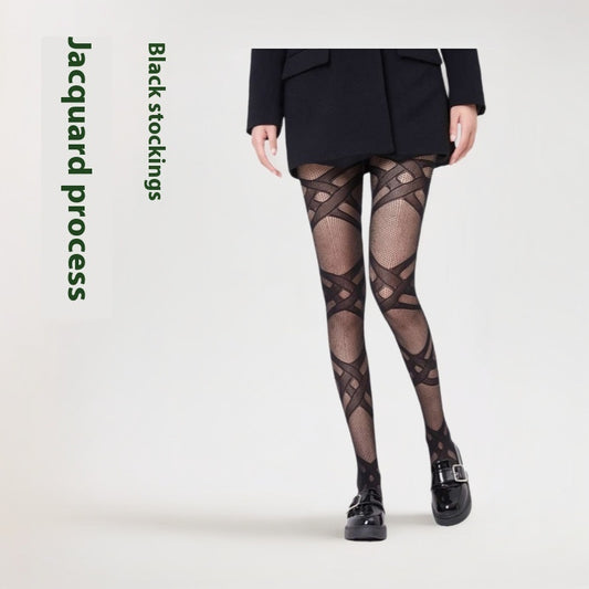 Striped Pantyhose Jacquard Mesh Stockings Women's Black Stockings