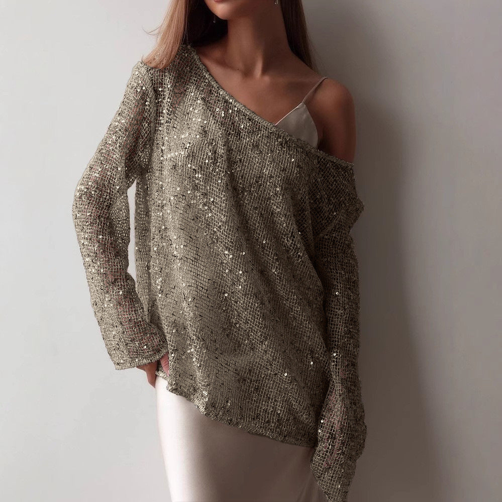 European And American Long Sleeve Hollow Loose Pullover Sequined Top Women's Clothing