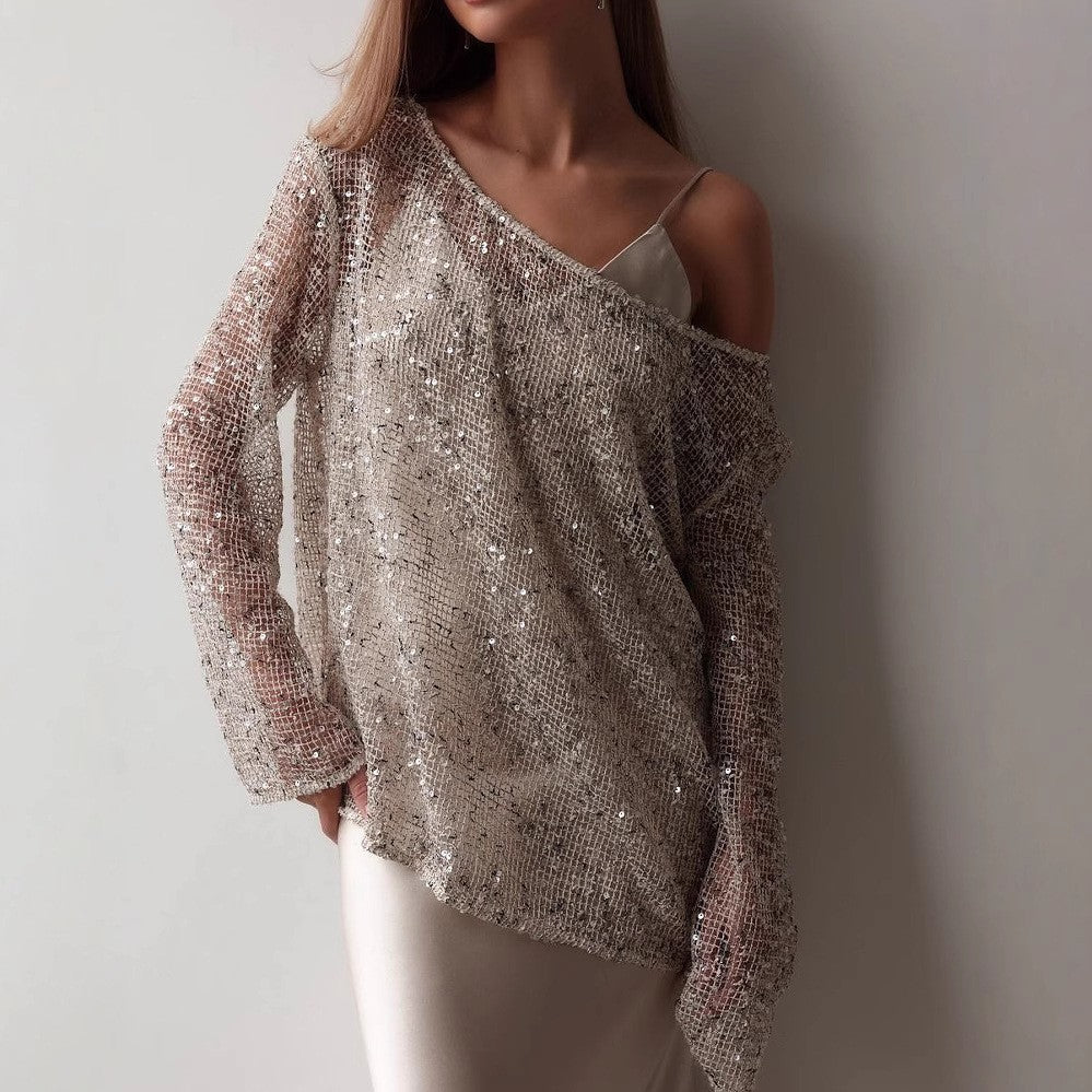 European And American Long Sleeve Hollow Loose Pullover Sequined Top Women's Clothing