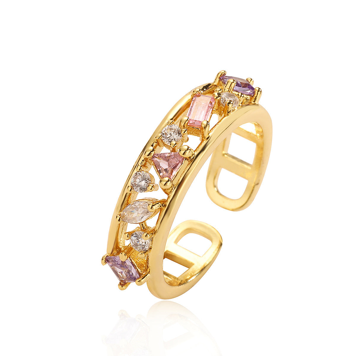 European And American Special Interest Light Luxury Copper Plating 18K Gold Zircon Pearl Geometric Adjustable Ring For Women