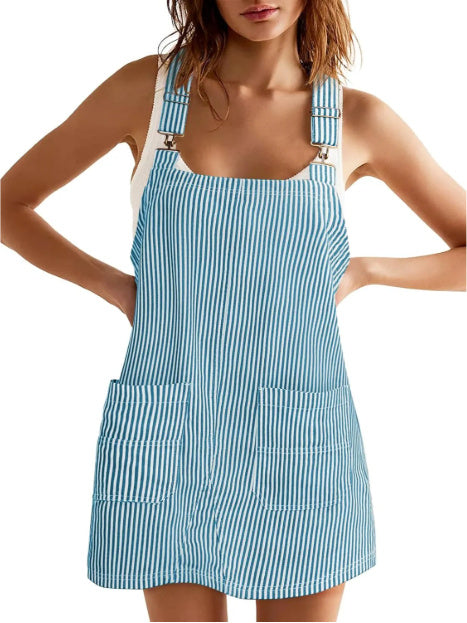 Striped Pocket Strap Adjustable Casual Dress