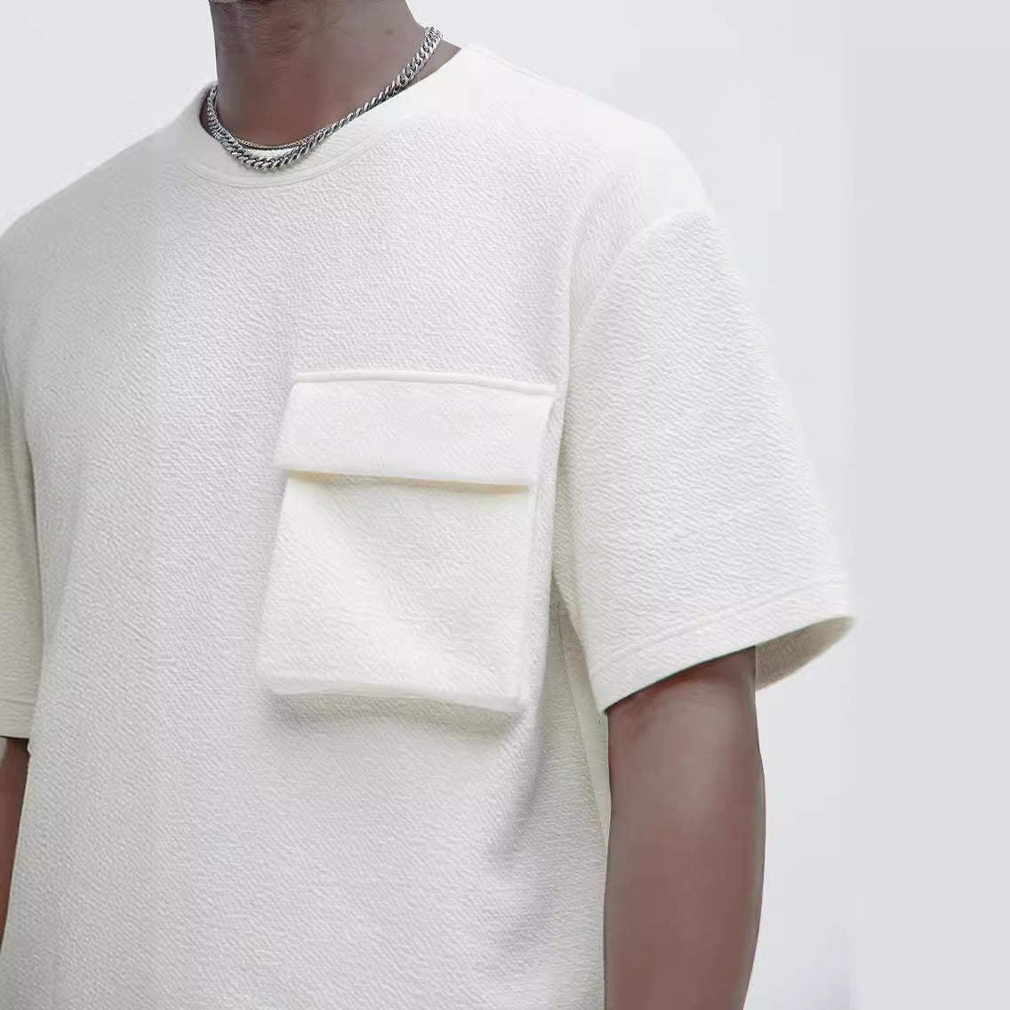 Men's Patch Pocket Champray Crew Neck Casual Loose 5-point Sleeve Top