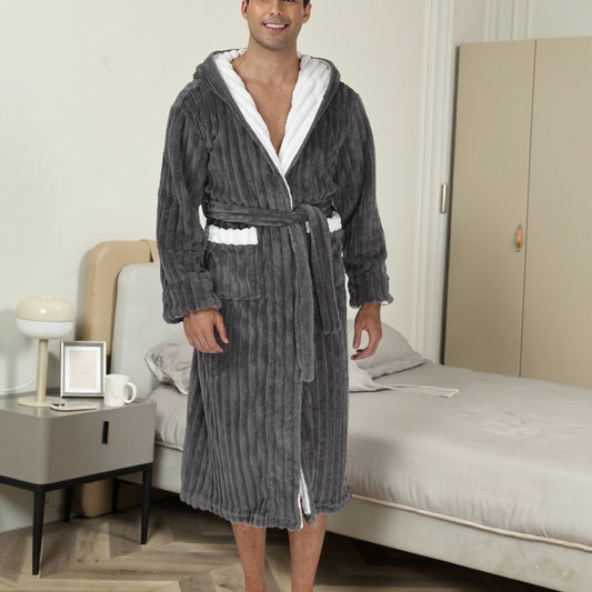 Thick Night-robe Flannel Men's Long Hooded Lace Bathrobe