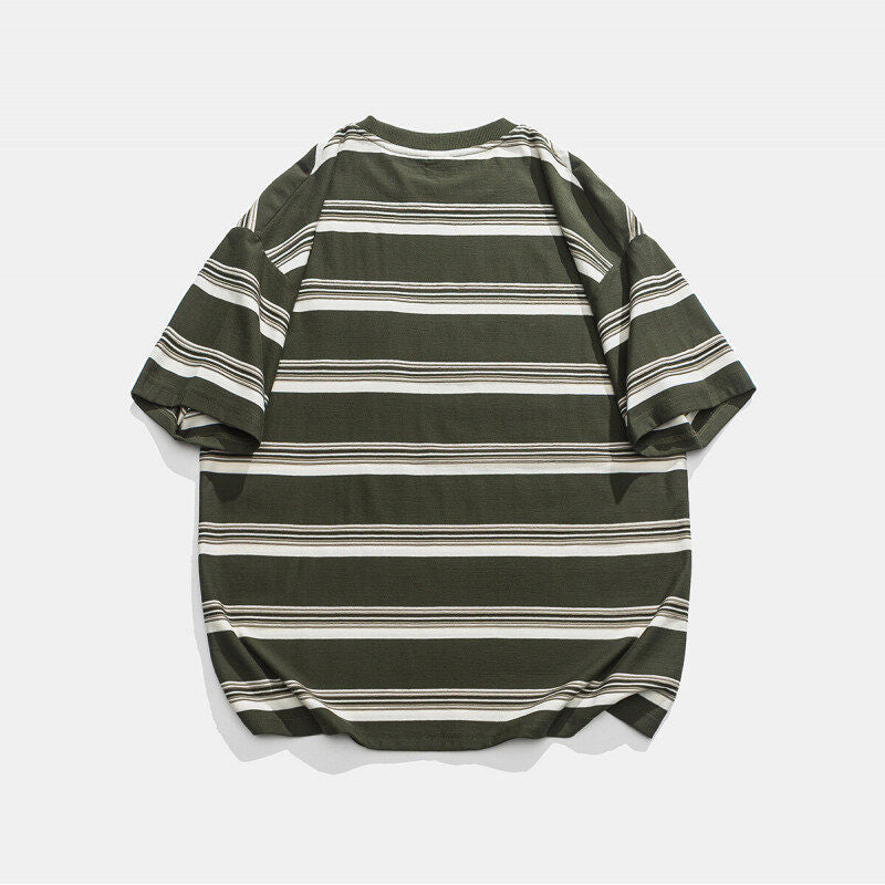 Casual Loose Striped Pocket Round Neck T-shirt
