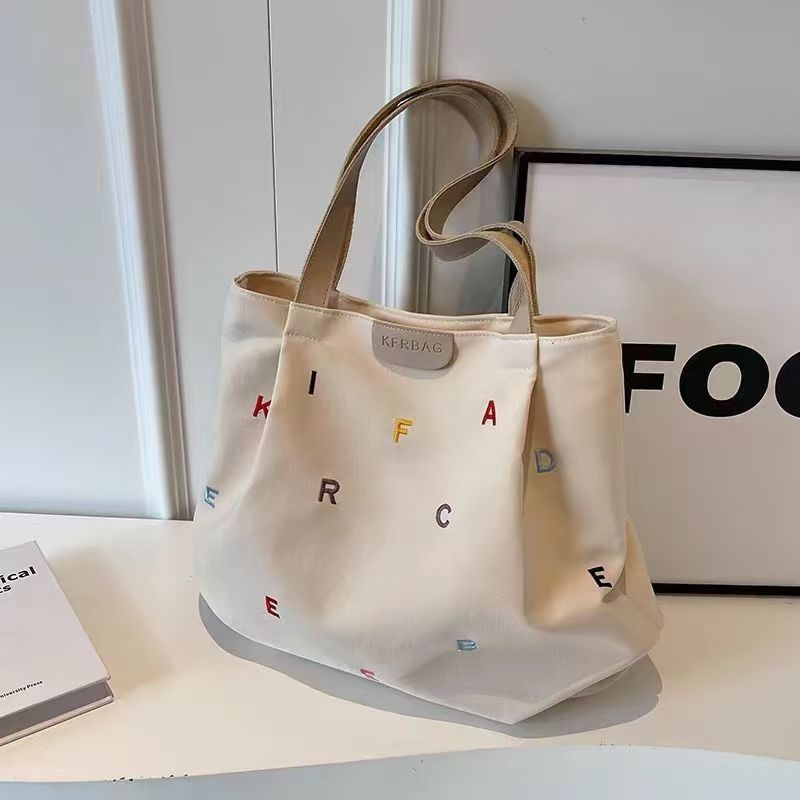 Embroidered Letter Handbag Solid Color Shoulder Tote Bag