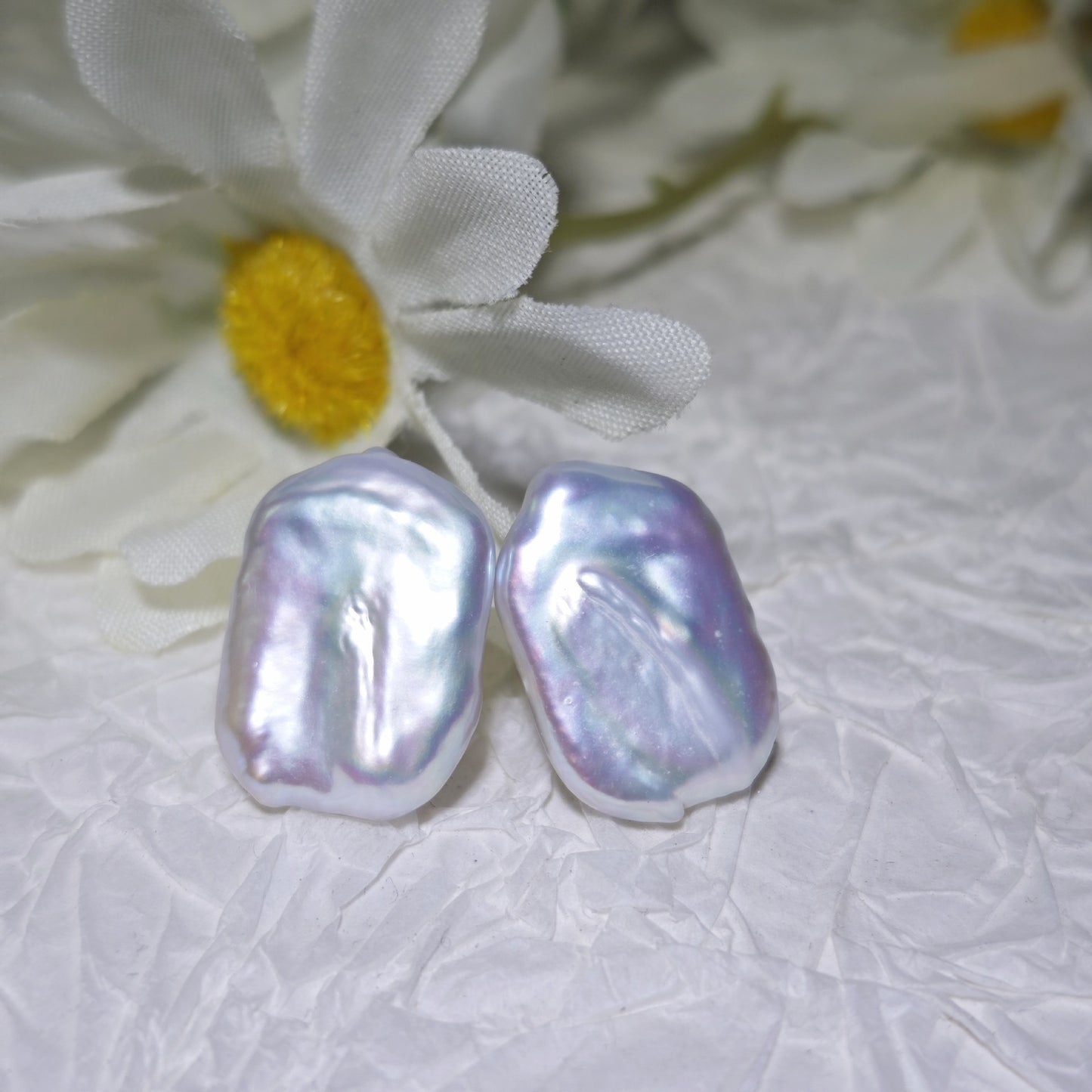 Big Baroque Long Building Block Ear Studs Sterling Silver Needle Natural