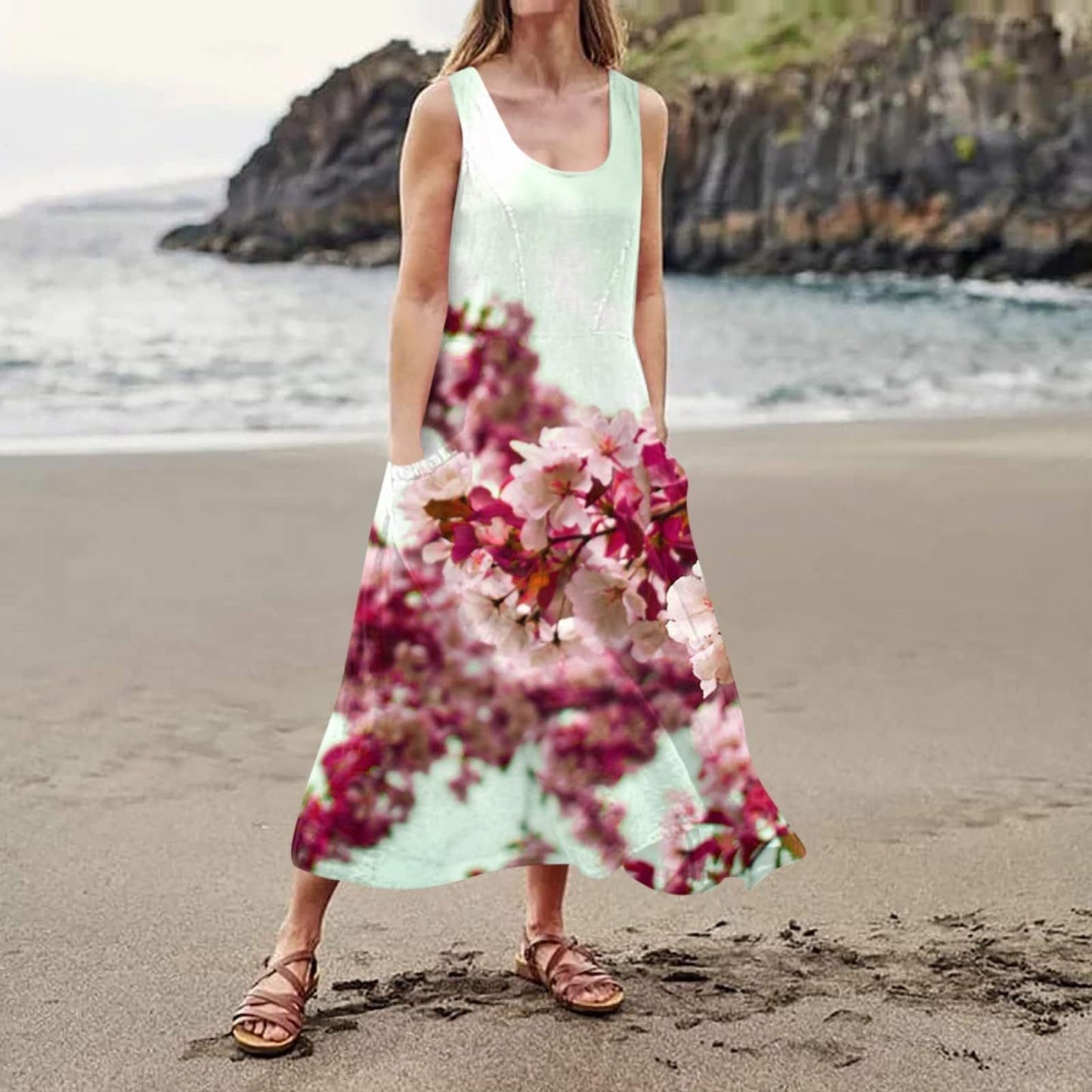 Women's Landscape Floral Maxi Dress Slim Fit Casual Skirt