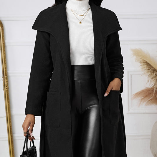 Women's Collar Solid Color Pocket Belt Design Basic Simple And Warm Autumn And Winter Coat Jacket