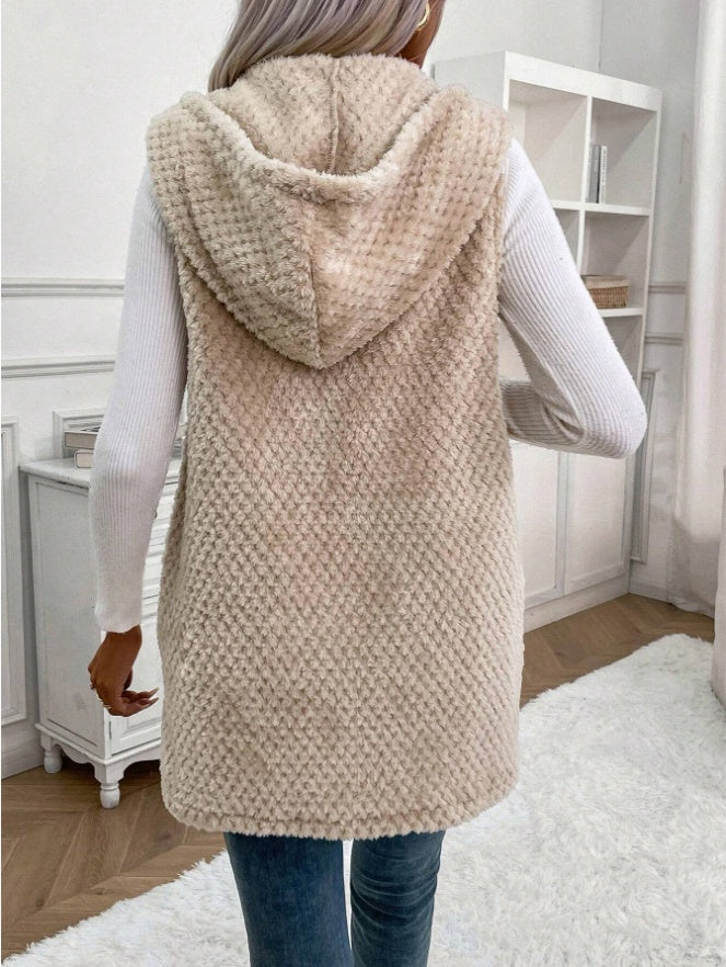 Open Front Hooded Plush Vest Coat