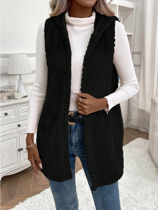 Open Front Hooded Plush Vest Coat