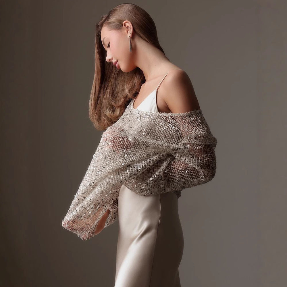 European And American Long Sleeve Hollow Loose Pullover Sequined Top Women's Clothing