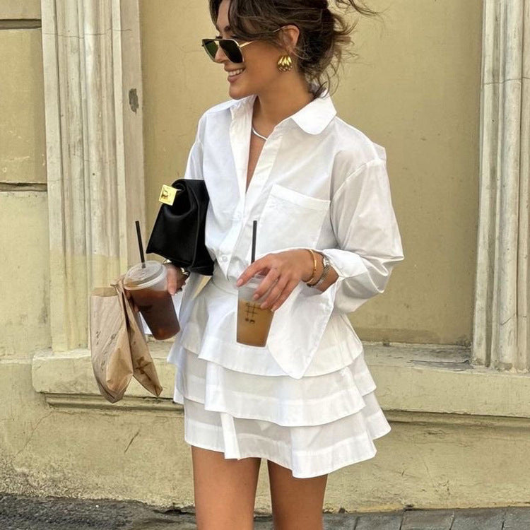 White Lapel Long Sleeve Shirt High Waist Tiered Dress Suit