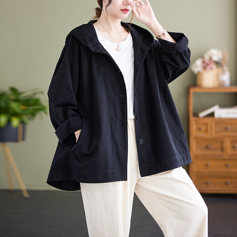 Hooded Loose Coat Women Retro Khaki Casual Cotton Artistic Stitching Women