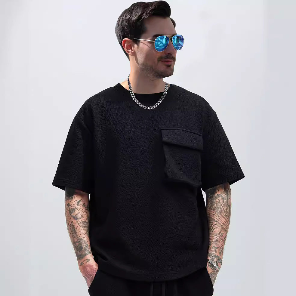 Men's Patch Pocket Champray Crew Neck Casual Loose 5-point Sleeve Top