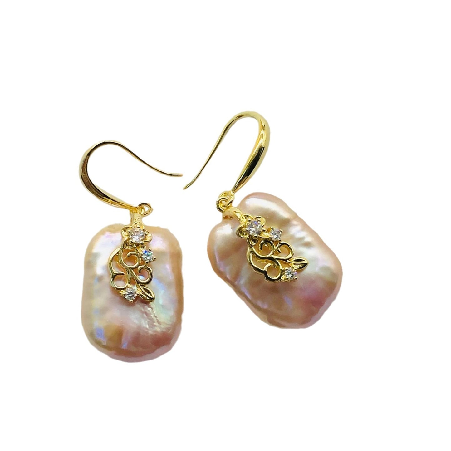 Natural Purple Baroque Pearl Inlaid Flower Copper Plating 18K Real Gold Earrings