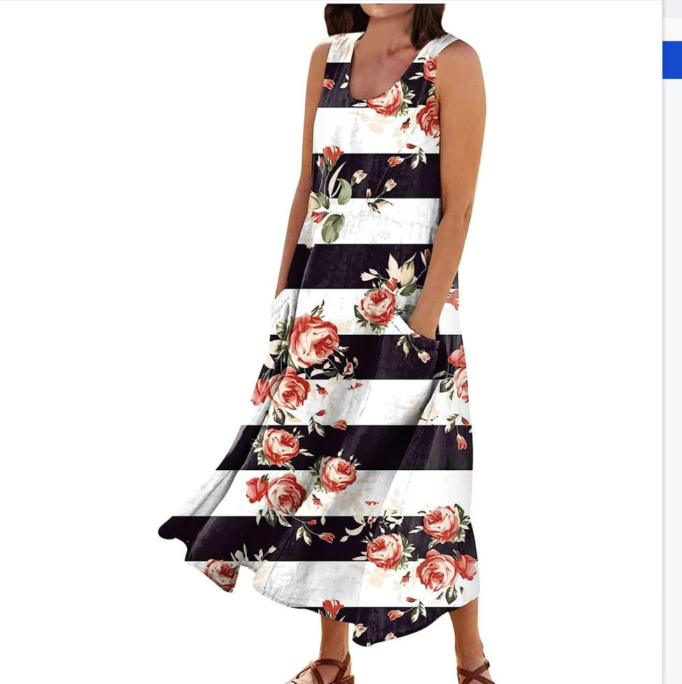 Women's Landscape Floral Maxi Dress Slim Fit Casual Skirt