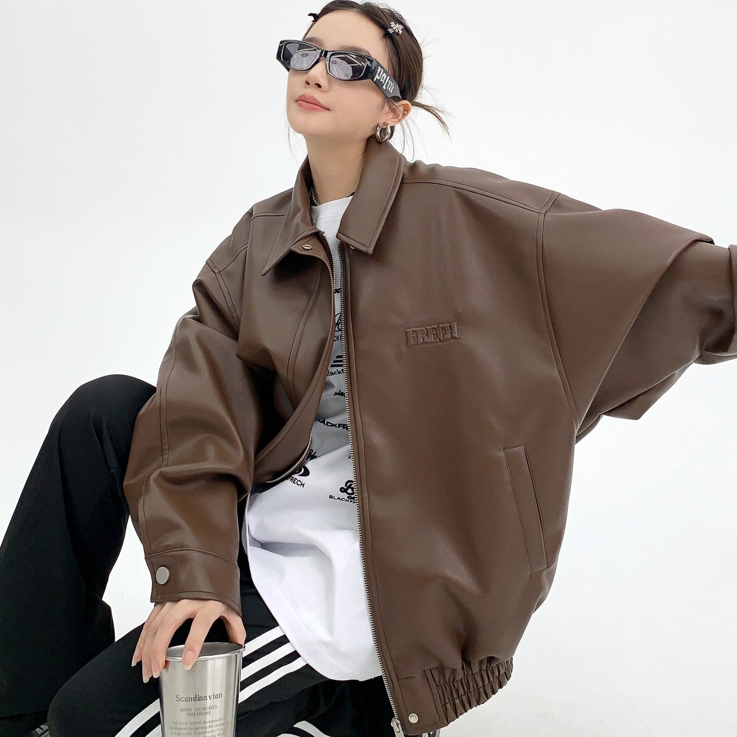 Troniche Steel Stamp PU Leather Motorcycle Jacket For Women