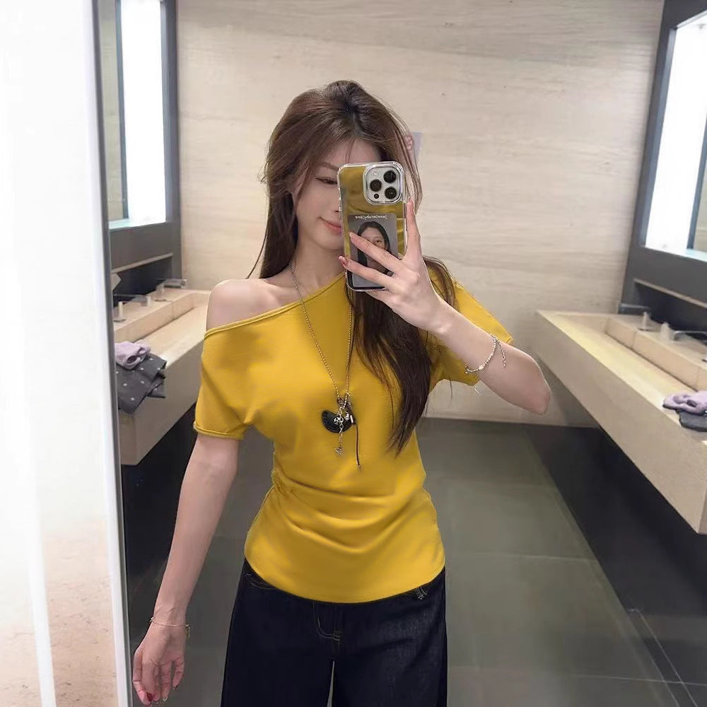 Women's Short-sleeved T-shirt Off-the-shoulder Fitted Waist Top
