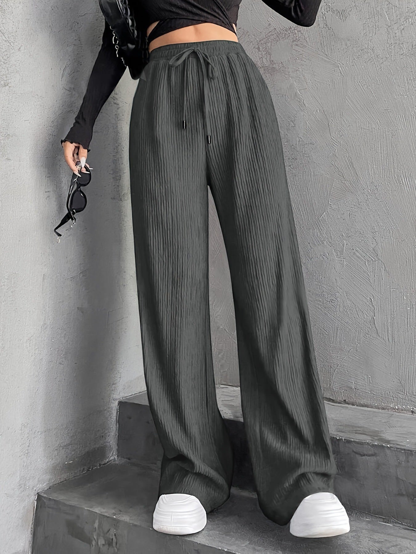 New Women's Elastic Waist Pinstripe Road Straight Wide Leg