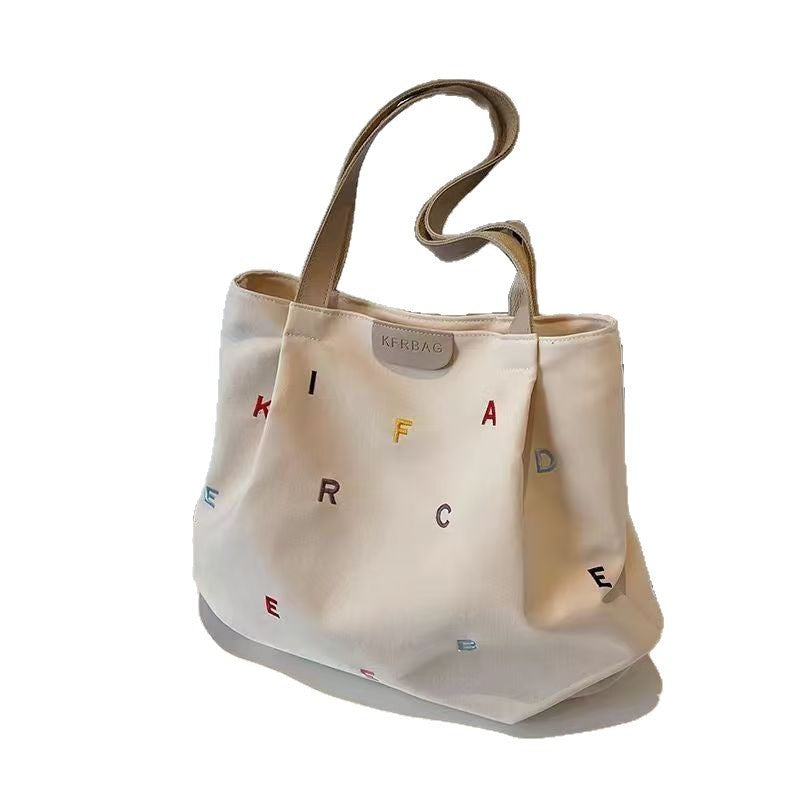 Embroidered Letter Handbag Solid Color Shoulder Tote Bag