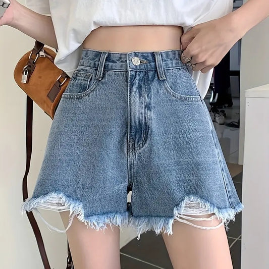 Women's Shorts Loose Thin Summer High Waist Raw Edge A-line Wide Leg Ripped Denim