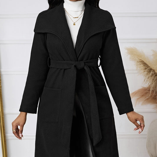 Women's Collar Solid Color Pocket Belt Design Basic Simple And Warm Autumn And Winter Coat Jacket