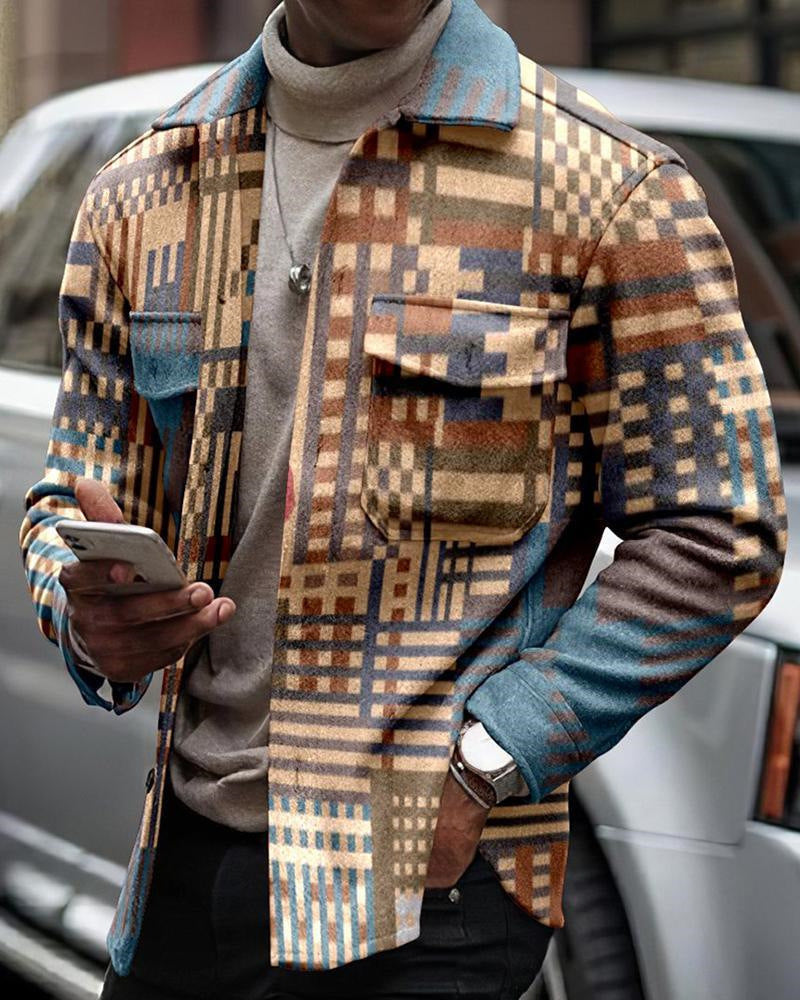 Velvet Padded Shirt 3D Digital Printing Geometric Lapel