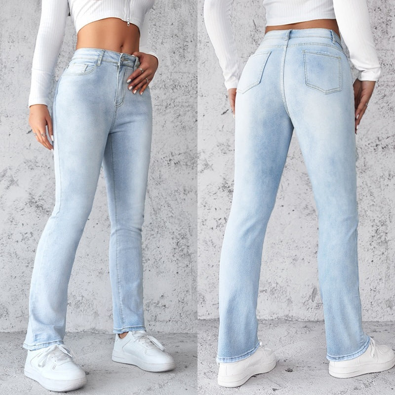 Women's Straight Leg Slim Fit Jeans, Fashionable And Simple Light Blue Pants