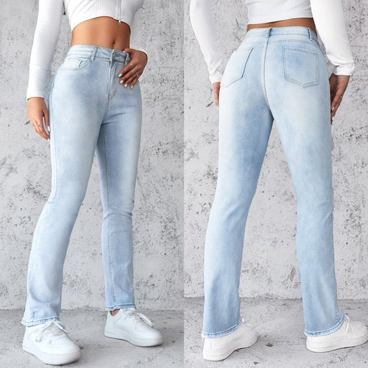 Women's Straight Leg Slim Fit Jeans, Fashionable And Simple Light Blue Pants