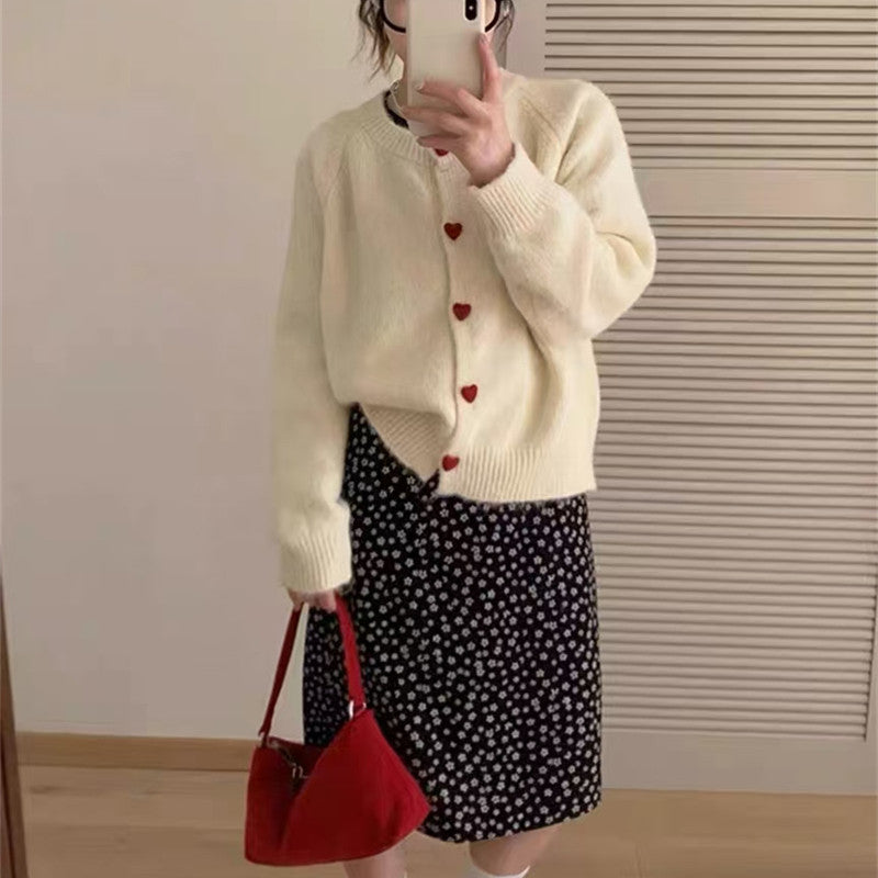 Round Neck All-matching Design Love Girl Buckle Knitted Cardigan Sweater Coat For Women