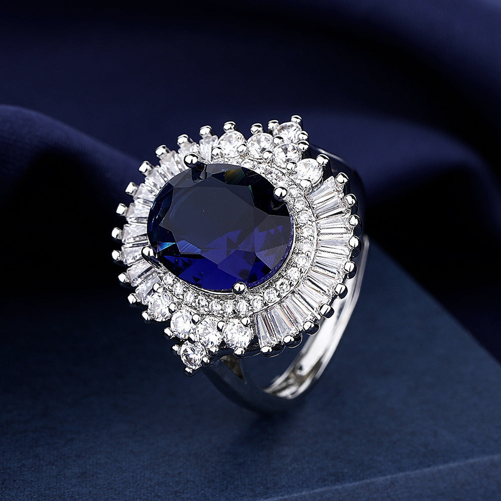 Sea Blue Heart Luxury Square Full Diamond Open Mouth Design Luxury Female Temperament Ring