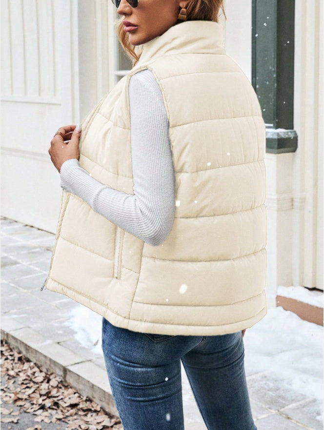 Women's Casual Zipper Closure Stand Collar Padded Padded Puffer Vest