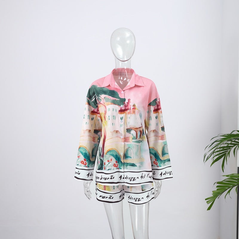 Women's Casual Style Printing Lapel Breasted Shirt Shorts Suit