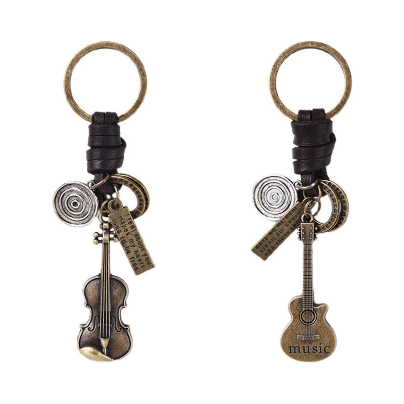 Simple Personality Vintage Guitar Keychain Cowhide Woven Charm Music Lovers
