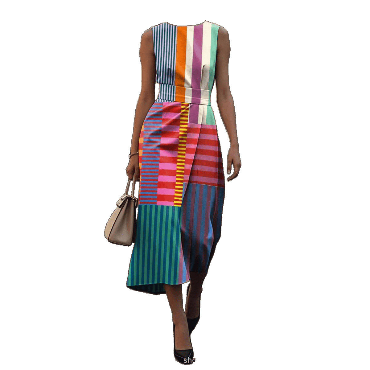 Sleeveless Plus Size Artistic Oil Painting Stripes Elegant Dress