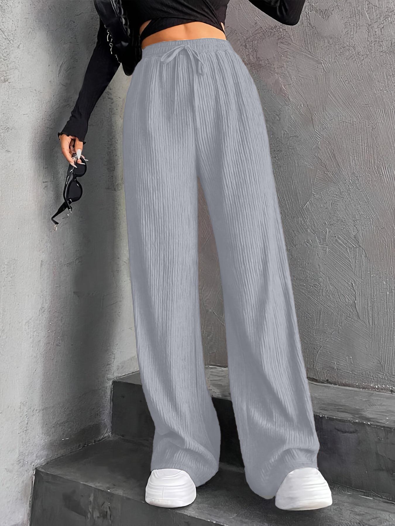 New Women's Elastic Waist Pinstripe Road Straight Wide Leg