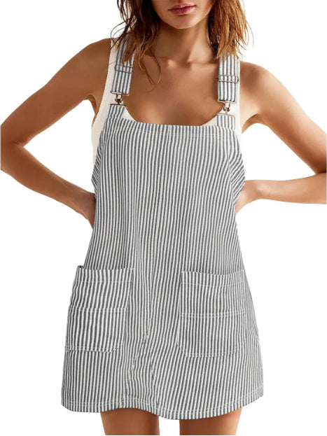 Striped Pocket Strap Adjustable Casual Dress
