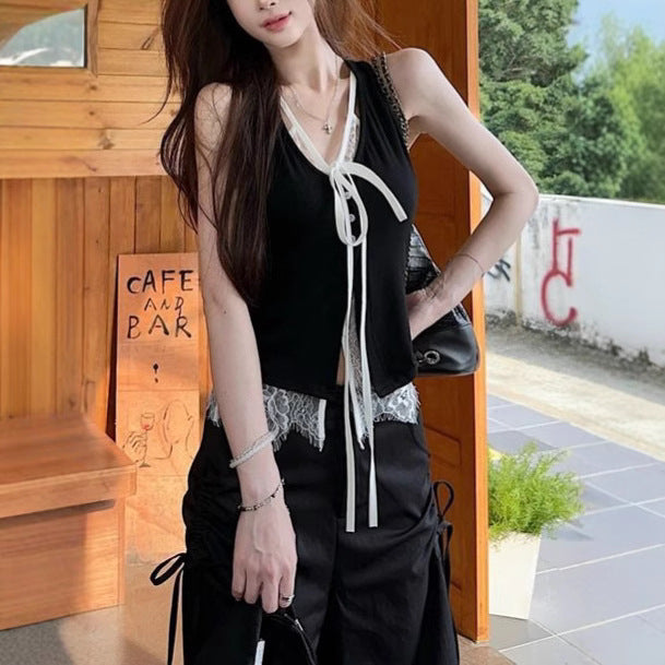 Camisole Vest Outer Wear Black Hot Girl Niche Chic Lace Fake Two-piece Sleeveless Top