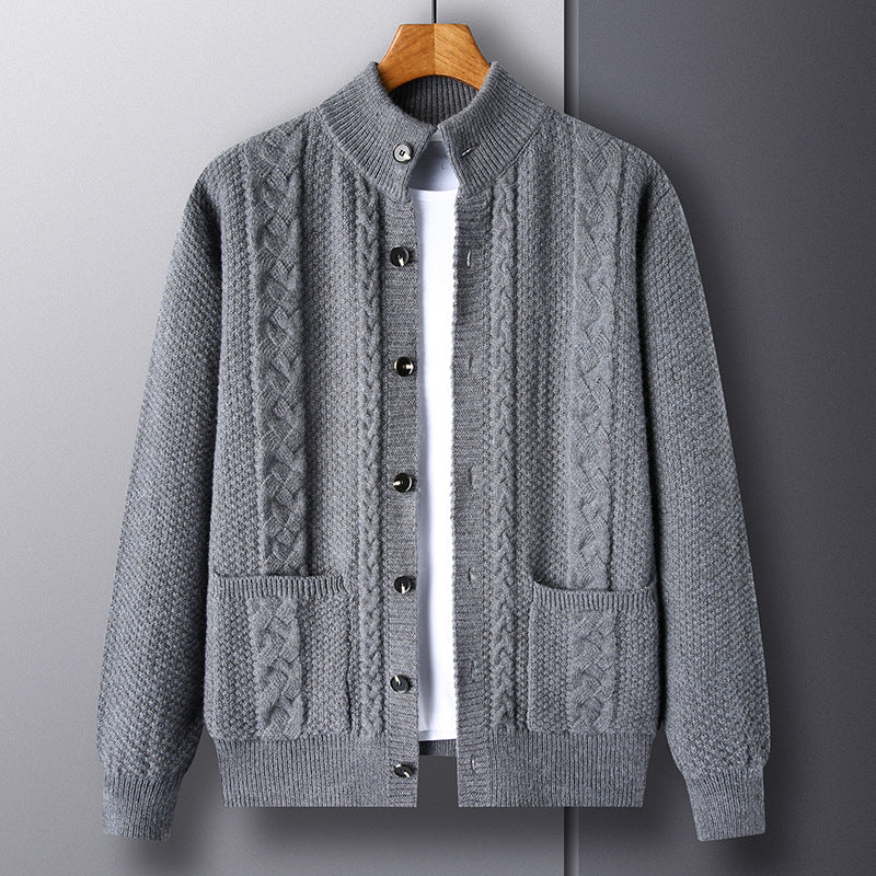 Young And Middle-aged Thick Knit Cardigan Retro Jacquard Loose-fitting Sweater Men's Sweater Coat