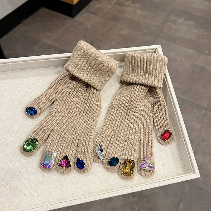Rhinestone Touch Screen Open Finger Finger Knitted Gloves