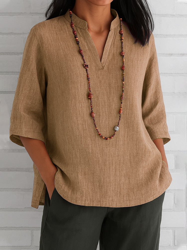 Summer Women's Clothing V-neck 34 Sleeves Cotton And Linen Loose Casual Shirt