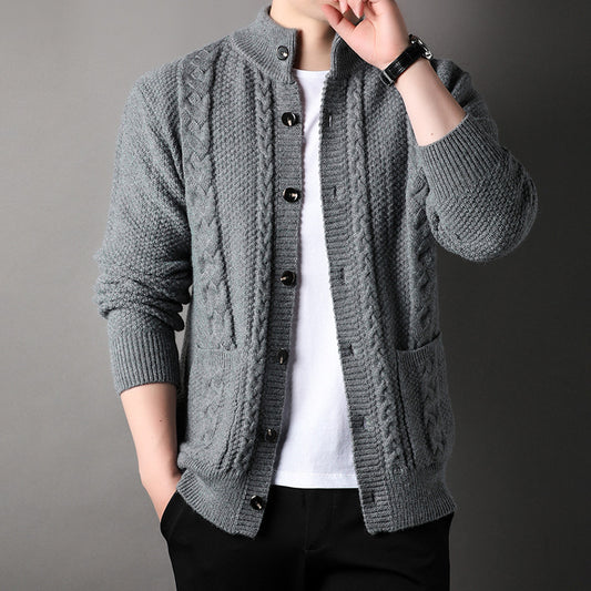 Young And Middle-aged Thick Knit Cardigan Retro Jacquard Loose-fitting Sweater Men's Sweater Coat