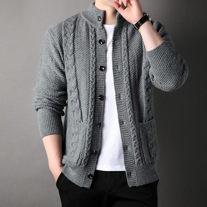 Young And Middle-aged Thick Knit Cardigan Retro Jacquard Loose-fitting Sweater Men's Sweater Coat